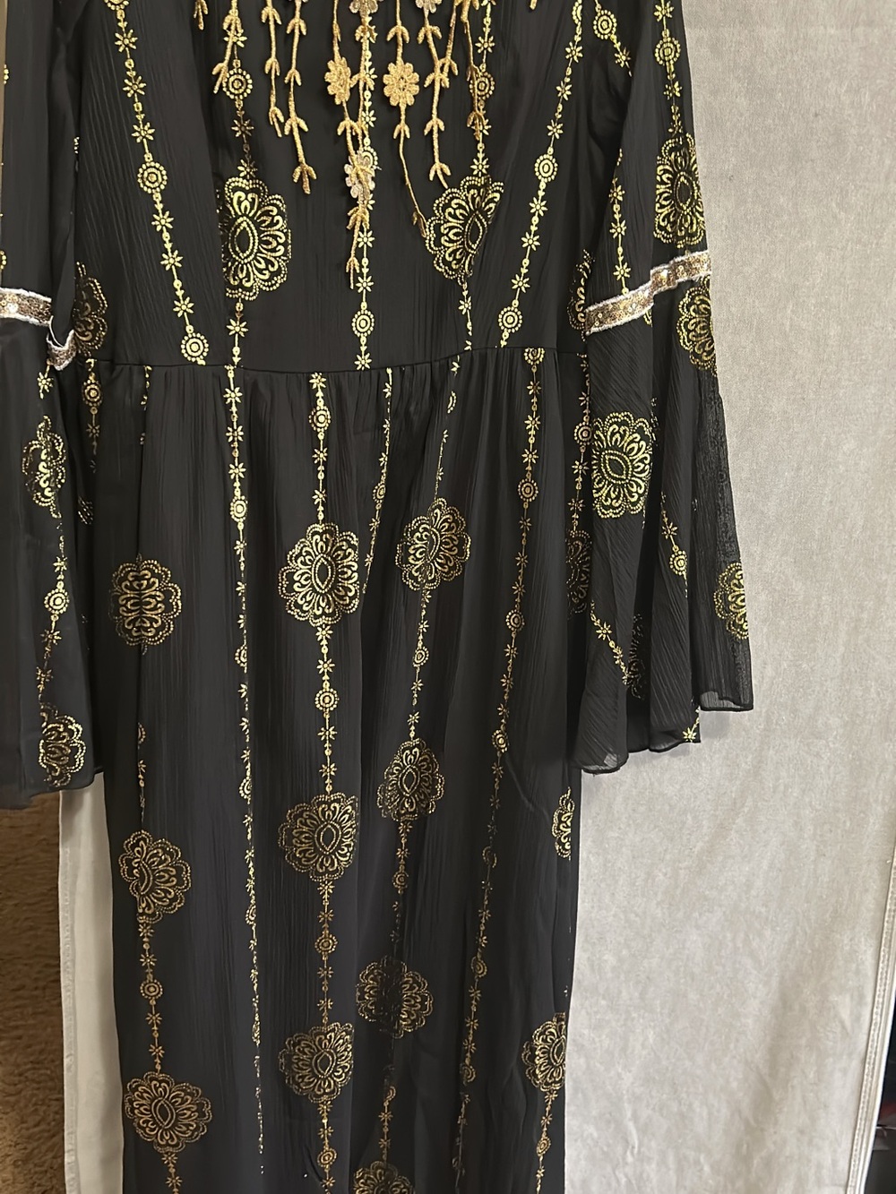 Black & Gold Embroidered Long Sleeve Dress